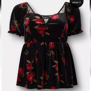 Torrid Black Velvet Top with Red Floral Design